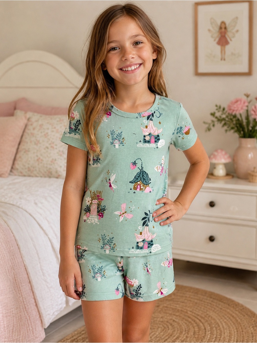 Fish Stix Fairy Cottage Pajama Set Girls Size 10 100% Cotton Mint Green New